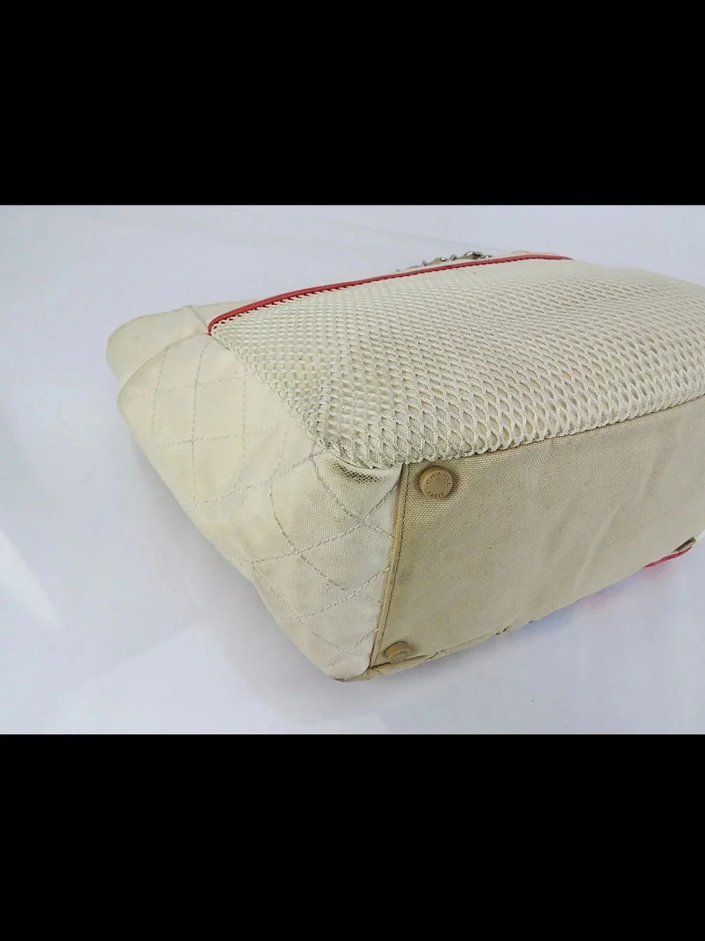 CHANEL Beige Quilted Leather Tote with Blue and Coral Trim
